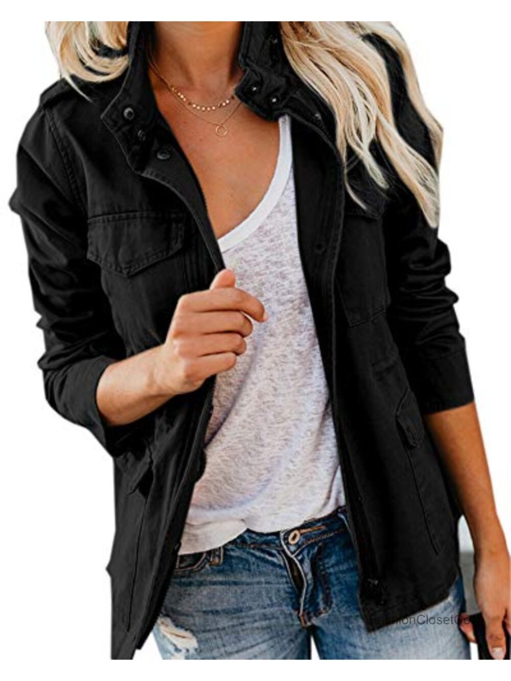 Military Anorak Jacket Women Cotton Safari Coat Zip Up Snap Pockets